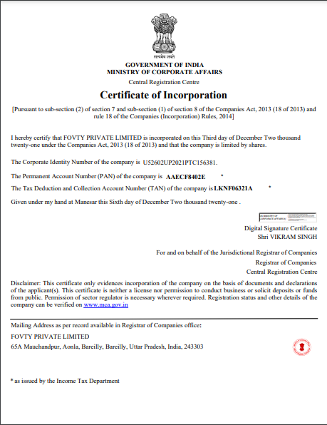 CERTIFICATE OF INCORPORATION